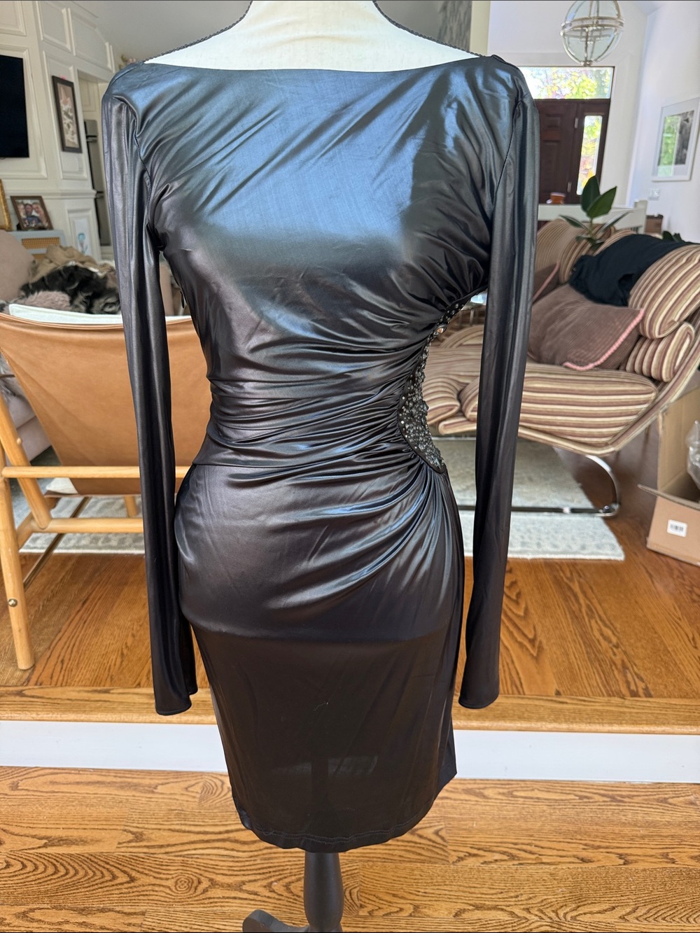 Sleek Black Long-Sleeve Ruched Bluemarine Cocktail Dress with Glass Beading.Sexy
